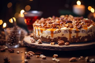Fotobehang a cake with nuts and caramel sauce on top © Maria