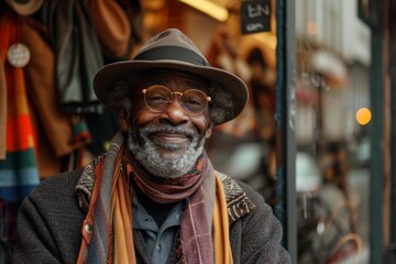Obraz premium Elderly man smiling at camera. A close-up portrait of an elderly, man with a warm smile, wearing fashionable clothes.