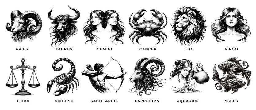 Zodiac signs in a vintage engraving style. Astrological signs. Horoscope icons set. 