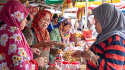 KOTA KINABALU SABAH,MALAYSIA - MAY 31 2019: A group of people buying a local made souvenir during State level Harvest Festival Celebration in KDCA Penampang Sabah. - obrazy, fototapety, plakaty