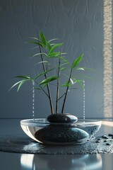 Small green bamboo grows in the water and there is some stones at bottom - Background color is light blue green gradient created with Generative AI Technology
