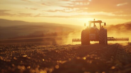 A tractor moving through a sunlit field