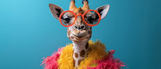 A giraffe adorned in a feathery boa and quirky orange glasses stares endearingly at the camera - obrazy, fototapety, plakaty