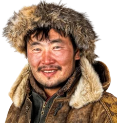 Fotobehang Portrait of a smiling Mongolian man with a fur lined coat and wearing a traditional deel © Flowal93