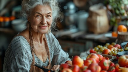 An image of a senior woman eating a fruit salad and apple in her kitchen. Food and cooking with a...