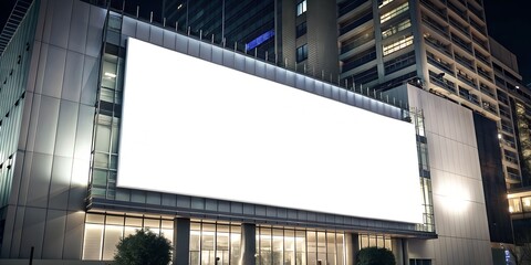 mockup huge white broadsheet on the building at night - obrazy, fototapety, plakaty