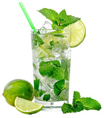 A mojito cocktail with fresh green limes, mint and cold ice cubes, isolated on a transparent background