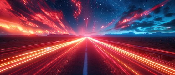 Classic neon lights, Route 66 journey, starry night, overhead perspectiv - obrazy, fototapety, plakaty
