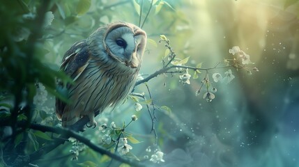 Within a mystical garden, a wise owl perches on a branch, its feathers ruffled gently by a soft breeze as it gazes intently into the distance.