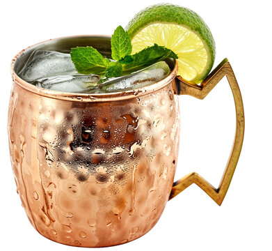 A moscow mule cocktail with vodka and ginger beer in a traditional copper mug