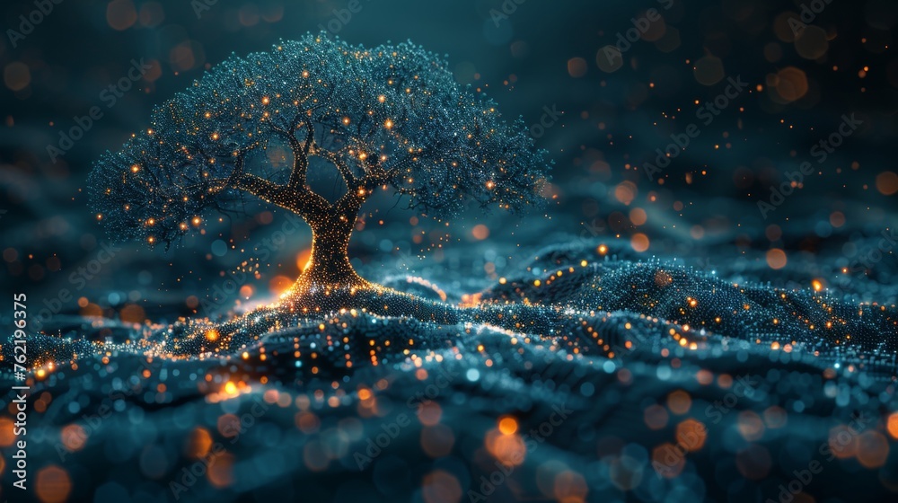 Aufkleber an illustration of tree growth in a digital futuristic polygonal style. an energy source or artifici