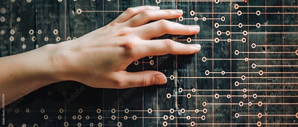 Poster Hands touching the AI big data structure, Data network connections, and Data transformation conceptual for next generation technologies.
