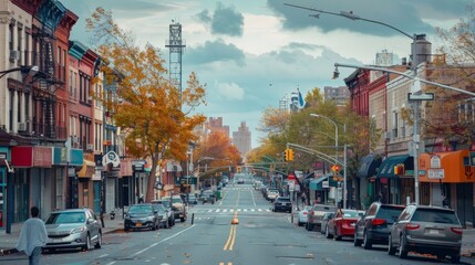 NEW YORK - OCTOBER 4: A Bushwick street on October 4th, 2017 in Bushwick Brooklyn. Bushwick's major commercial streets are Knickerbocker Avenue, Myrtle Avenue, Wyckoff Avenue, and Broadway. - obrazy, fototapety, plakaty