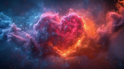Heart explosion with light splash effect. Futuristic explosion of paints and inks. Universe and space modern illustration.