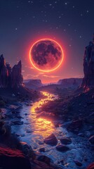 Solar eclipse over remote landscapes, twilight silence, wide view, illustration - obrazy, fototapety, plakaty