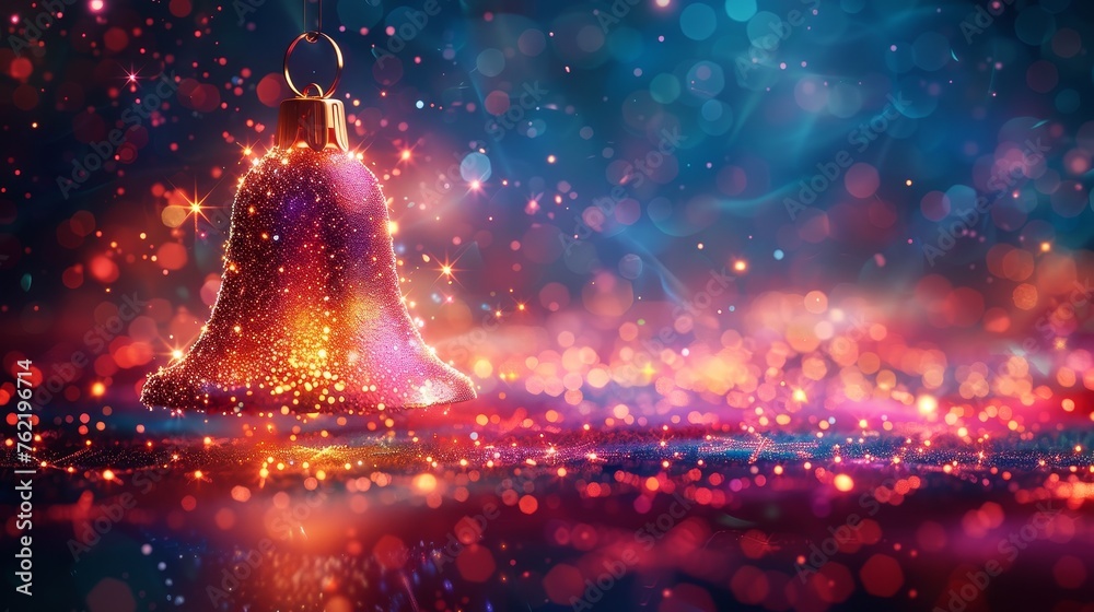 Poster the concept of an abstract happy new year greeting card with hanging christmas bells. low poly style