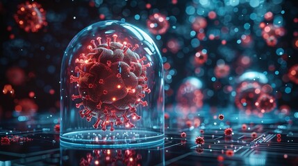 A blue glass domed brain attacked by red viruses. Medical lab research concept. Low poly style. Blue geometric background. Wireframe connection structure. Modern 3D graphic. - obrazy, fototapety, plakaty