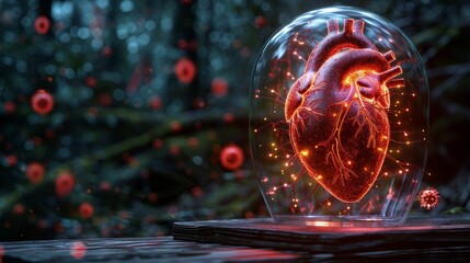 Heart protection. Healthcare medical concept. Low poly style. Geometric background. Wireframe concept. Abstract red human heart in transparent glass dome attacking by red viruses. Heart protection.