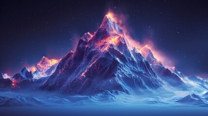 A futuristic modern illustration of a mountain success concept on a blue background. The goal is achieved. Abstract glowing modern illustration suitable for travel or tourism. - obrazy, fototapety, plakaty