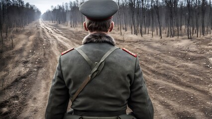 photo from back of russian soldier - obrazy, fototapety, plakaty