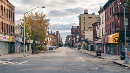 NEW YORK - OCTOBER 4: A Bushwick street on October 4th, 2017 in Bushwick Brooklyn. Bushwick's major commercial streets are Knickerbocker Avenue, Myrtle Avenue, Wyckoff Avenue, and Broadway.