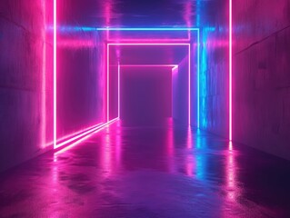 Image capturing the essence of a neon corridor, with lines that glow in ultraviolet light, creating a luminous tunnel-like structure reminiscent of an LED arcade or stage setting. AI
