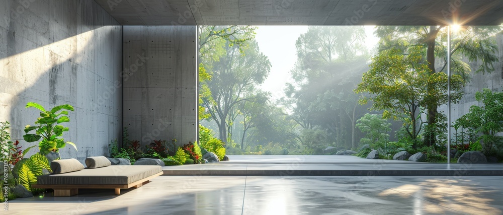 Leinwandbilder an empty concrete room with a large window on a natural backdrop is shown in this 3d render.