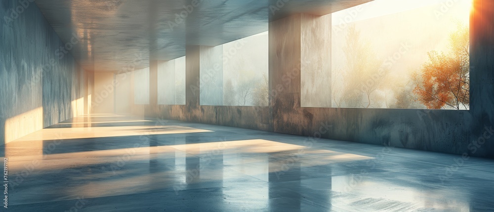 Fototapete A 3D rendering of abstract futuristic architecture with an empty concrete floor.