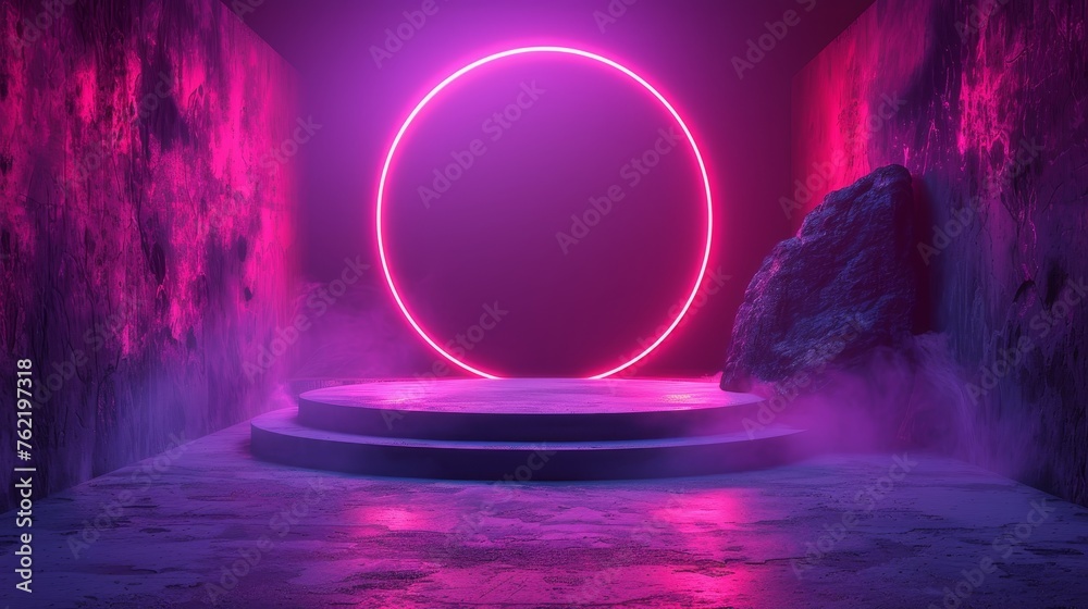 Poster an empty podium modern illustration isolated on a purple background - a neon circle is on the pedest