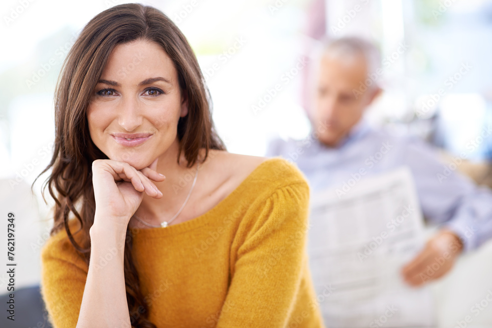 Wall mural Woman, smile and portrait at home in the morning on living room sofa with confidence. Female person, happy and couple in house with marriage and love on couch with relationship in a lounge on a break