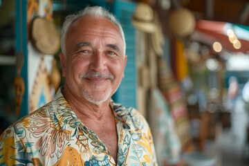 Fototapeta premium Elderly man smiling at camera. A close-up portrait of an elderly, man with a warm smile, wearing fashionable clothes.
