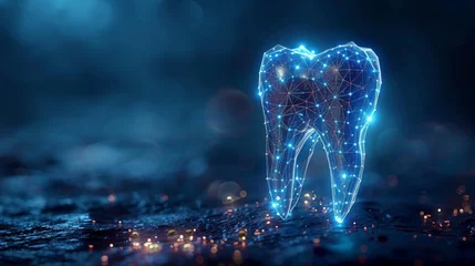 Poster In a futuristic two-dimensional polygonal style on a blue background, a tooth with calcium and fluoride strengthens the tooth with minerals and protects it from quarrying. © Zaleman