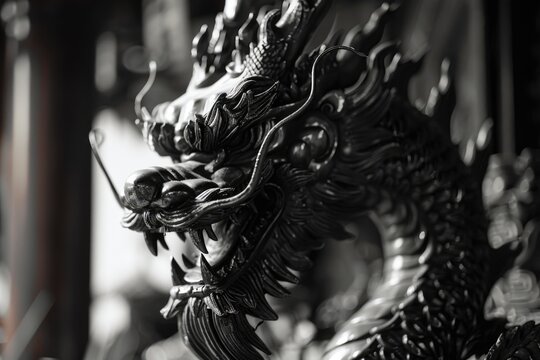 A striking black and white image of a dragon statue
