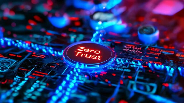 Cybersecurity concept of Zero Trust network security model illuminated on digital interface, representing verification and constant authentication