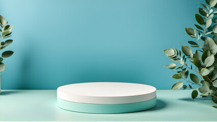podium for product display, Product pedestal eucalyptus background podium white 3D beauty minimal scene leaves studio photo design, podium platform, product presentation space, showcase podium, advert