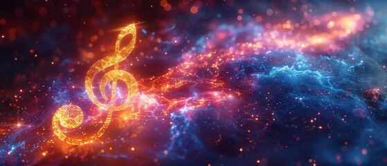 Digital music, Orchestral entertainment, Modern technology, Music school symbol, Key tune, Clef sign, Treble note, Poster art, Song staff concept, Abstract 3D clef treble.
