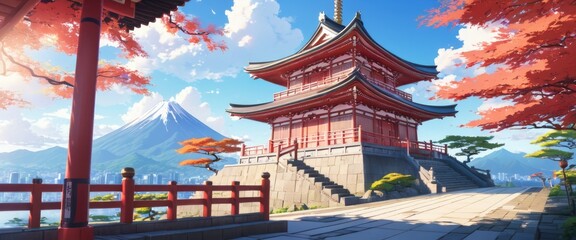 Japanese temple with a beautiful view, serene landscape wallpaper