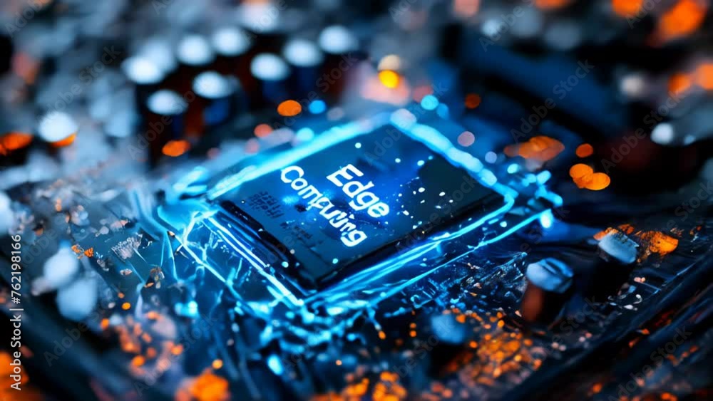 Poster edge computing concept highlighted on a motherboard, illustrating advanced data processing technolog