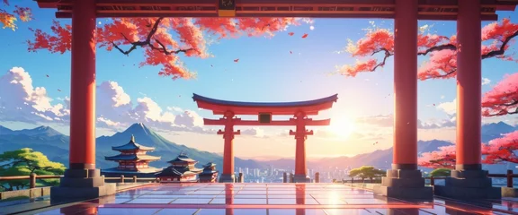 Schilderijen op glas Japanese temple with a beautiful view, serene landscape wallpaper © franxxlin_studio