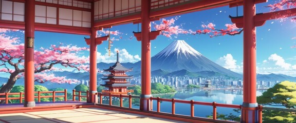 Japanese temple with a beautiful view, serene landscape wallpaper - obrazy, fototapety, plakaty