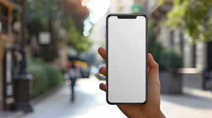 Close-up of a hand presenting a smartphone with a blank screen, set against the blurred backdrop of an urban street scene.