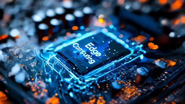 Edge Computing concept highlighted on a motherboard, illustrating advanced data processing technology at the networks periphery for speed