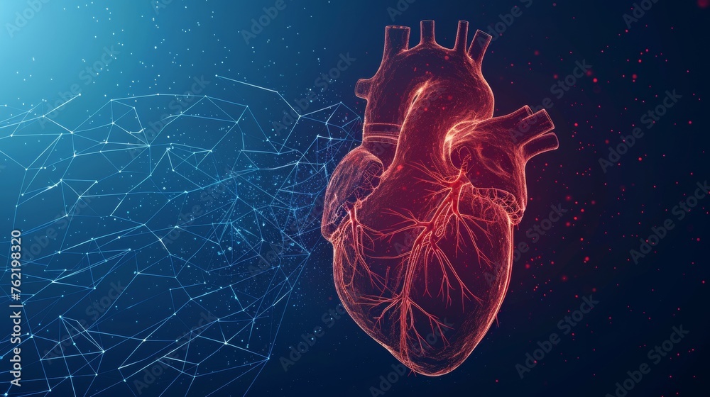 Poster the abstract 3d illustration of the human heart is isolated on blue. the red cardio pulsation line c
