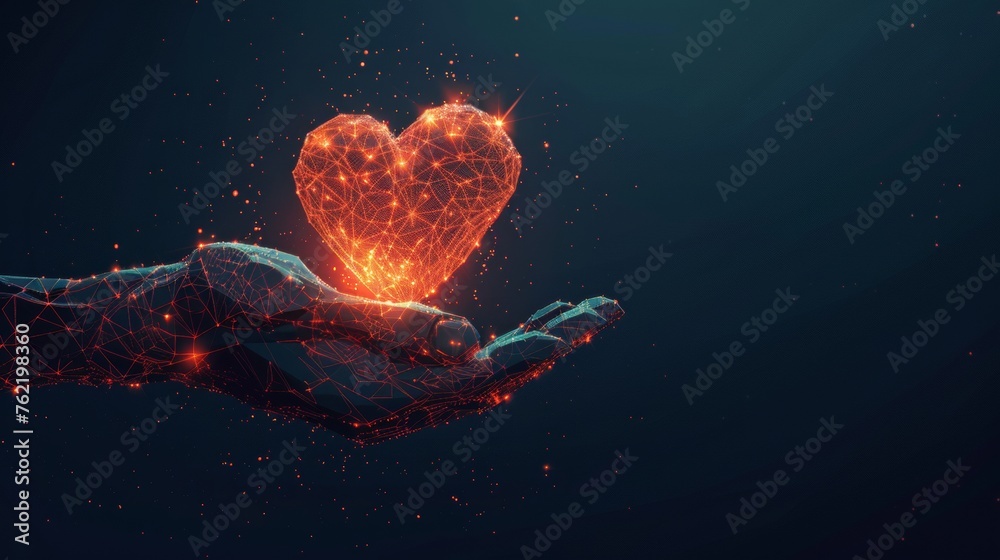 Poster an abstract illustration of a hand giving a heart. abstract geometric background. wireframe connecti