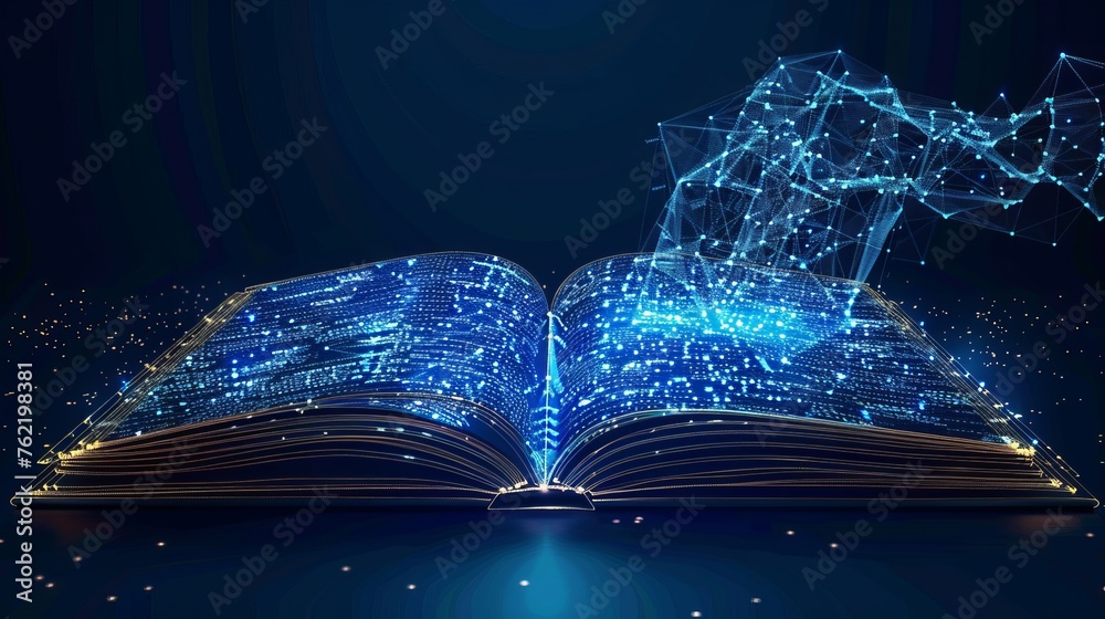 Fototapete Wireframe low poly image of a blue book on a computer screen showing an open book. Digital illustration. Online learning or courses. Abstract polygonal image of a notebook on a computer screen.