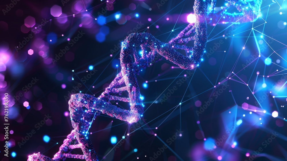 Poster An abstract 3D DNA molecule helix in blues and purples. This design is based on a low poly style. It has a geometric background with wireframe light graphic connection structure.