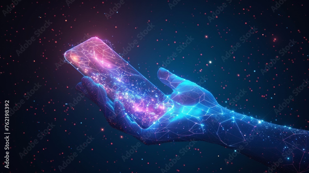 Poster hand holding phone. abstract low-poly wireframe technology illustration. starry sky with cosmos in b