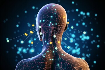 silhouette of a human body with the blood circulatory system and neural connections around head and brain in form of a hologram on a dark background with lights, biotechnology concept