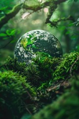 Obraz na płótnie Canvas Glass globe on moss covered forest, ideal for nature themes