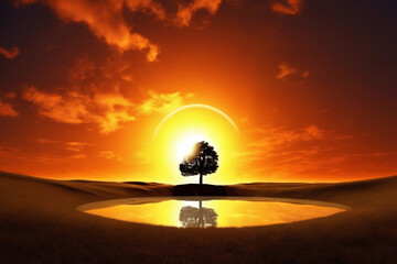 one tree against the background of the sun at sunset, in the middle of the plain, is reflected in a pond, the red sky is filled with sunlight, beautiful nature
